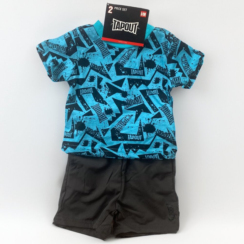 TAPOUT Boys 6/9 Month 2 Piece Summer Blue Short Sleeve Top with Gray Shorts